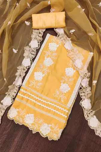 Manvaa women's yellow heavy thread embroidery pure organza dress material