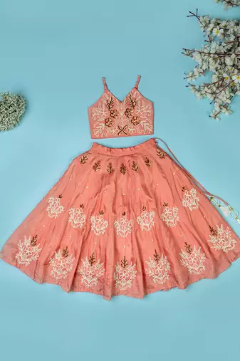 Onion color spun lehenga set for girls.