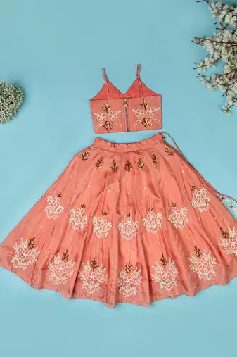Onion color spun lehenga set for girls.
