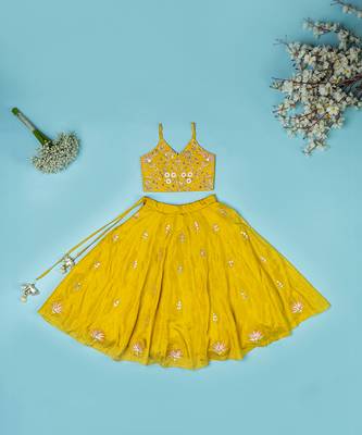 Golden yellow pure spun lehenga set for girls. 1