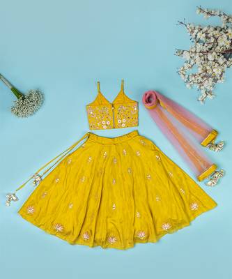 Golden yellow pure spun lehenga set for girls. 2