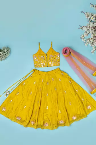 Golden yellow pure spun lehenga set for girls.