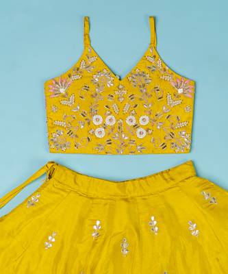 Golden yellow pure spun lehenga set for girls. 3