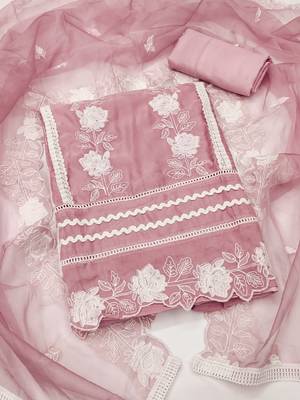 Manvaa women's baby pink thread embroidery pure organza dress material 1