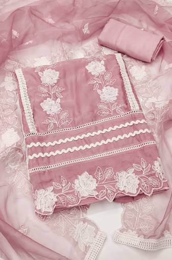 Manvaa women's baby pink unstitched thread embroidery pure organza dress material 