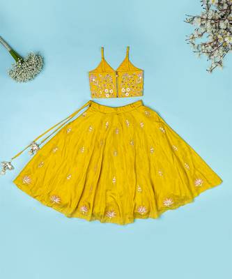 Golden yellow pure spun lehenga set for girls. 5