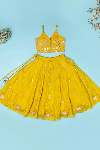 Golden yellow pure spun lehenga set for girls.