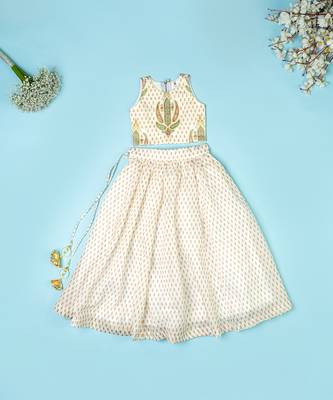 Ivory chanderi floral printed lehenga set for girls 2
