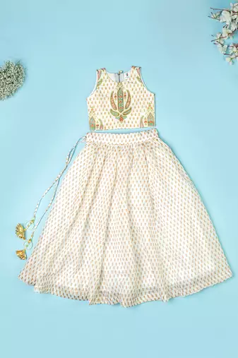 Ivory chanderi floral printed lehenga set for girls