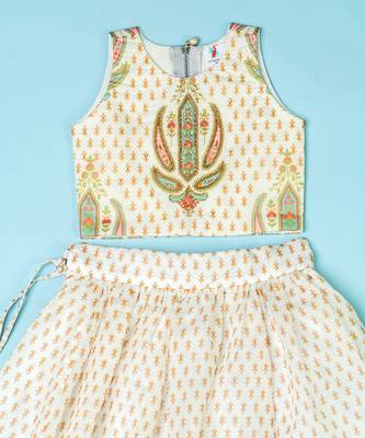 Ivory chanderi floral printed lehenga set for girls 3