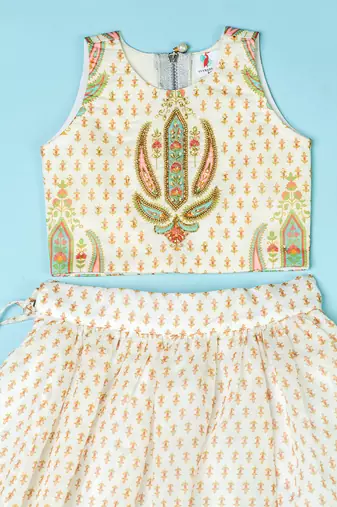Ivory chanderi floral printed lehenga set for girls