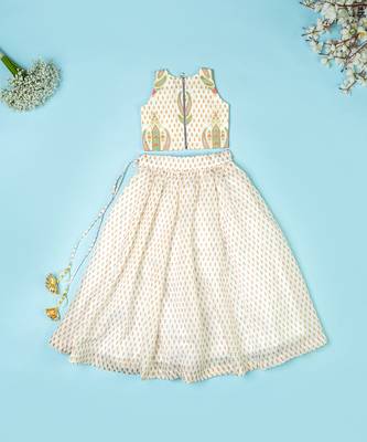 Ivory chanderi floral printed lehenga set for girls 4