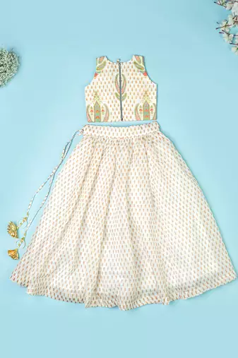 Ivory chanderi floral printed lehenga set for girls