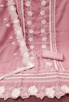 Manvaa women's baby pink thread embroidery pure organza dress material 2