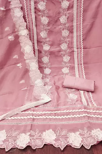 Manvaa women's baby pink thread embroidery pure organza dress material
