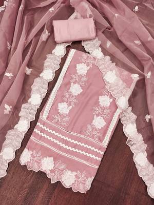 Manvaa women's baby pink thread embroidery pure organza dress material 4