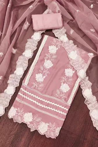 Manvaa women's baby pink thread embroidery pure organza dress material