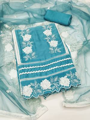 Manvaa women's sky blue heavy thread embroidery pure organza dress material 1