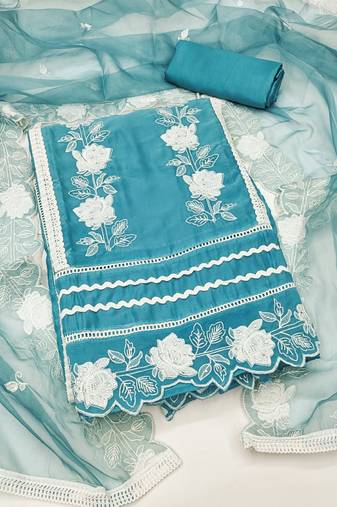 Manvaa women's sky blue unstitched heavy thread embroidery pure organza dress material 