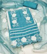 Manvaa women's sky blue unstitched heavy thread embroidery pure organza dress material