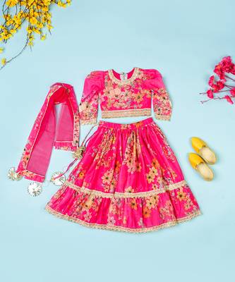 Hot pink chanderi puff sleeves lehenga set for girls 1