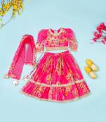 Hot pink chanderi puff sleeves lehenga set for girls