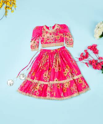 Hot pink chanderi puff sleeves lehenga set for girls 2