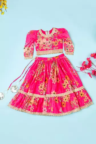 Hot pink chanderi puff sleeves lehenga set for girls