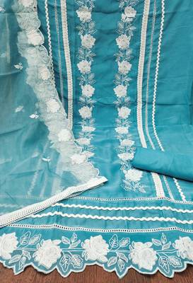 Manvaa women's sky blue heavy thread embroidery pure organza dress material 2