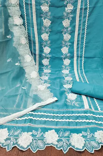 Manvaa women's sky blue heavy thread embroidery pure organza dress material