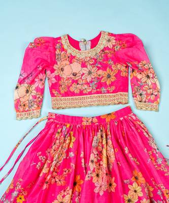 Hot pink chanderi puff sleeves lehenga set for girls 3