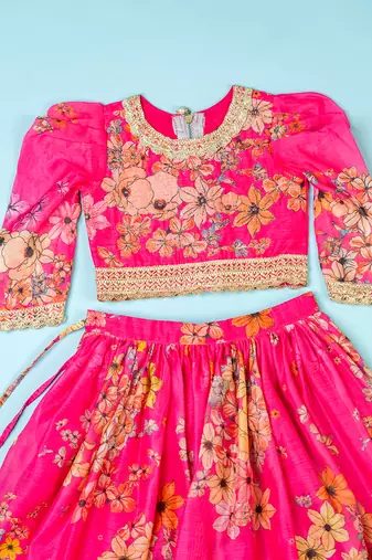 Hot pink chanderi puff sleeves lehenga set for girls