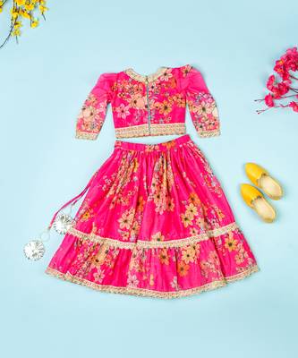 Hot pink chanderi puff sleeves lehenga set for girls 4