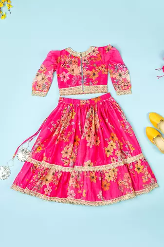 Hot pink chanderi puff sleeves lehenga set for girls