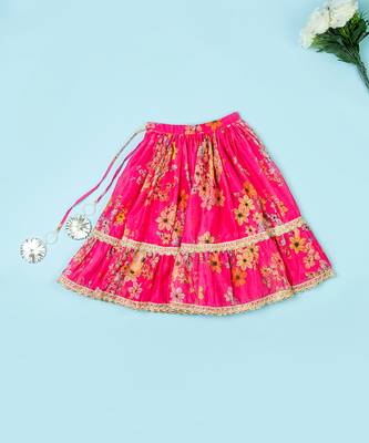 Hot pink chanderi puff sleeves lehenga set for girls 5