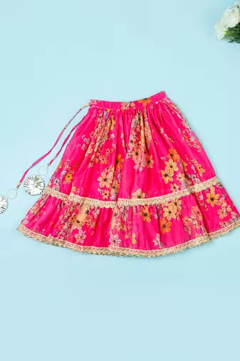 Hot pink chanderi puff sleeves lehenga set for girls