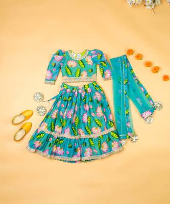 Green lotus chanderi puff sleeves lehenga set for girls 1