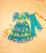 Green lotus chanderi puff sleeves lehenga set for girls