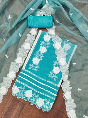 Manvaa women's sky blue heavy thread embroidery pure organza dress material 4