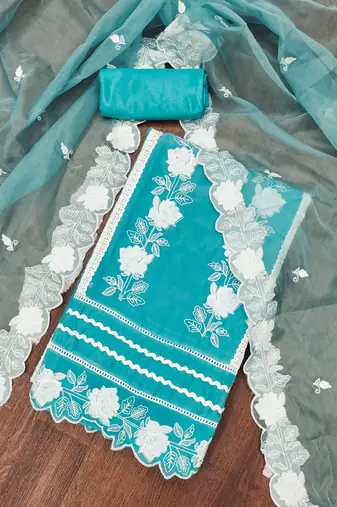 Manvaa women's sky blue heavy thread embroidery pure organza dress material