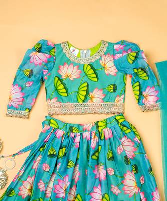 Green lotus chanderi puff sleeves lehenga set for girls 2