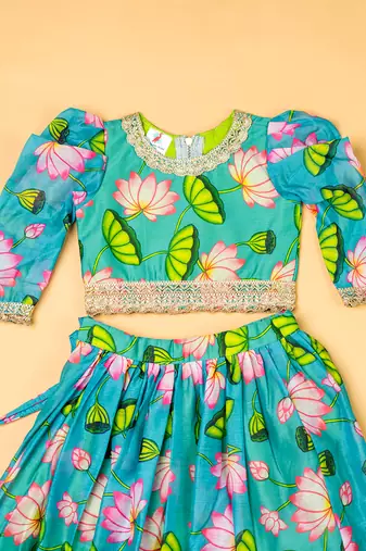 Green lotus chanderi puff sleeves lehenga set for girls