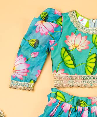 Green lotus chanderi puff sleeves lehenga set for girls 3