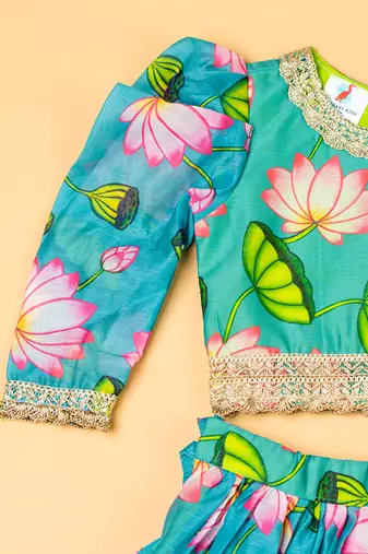Green lotus chanderi puff sleeves lehenga set for girls