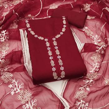Manvaa women's maroon thread embroidery premium cotton silk dress material 1