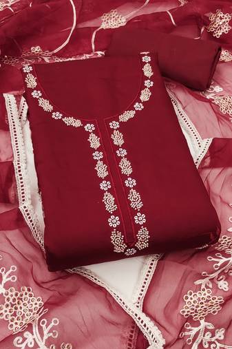 Manvaa women's maroon unstitched thread embroidery premium cotton silk dress material 