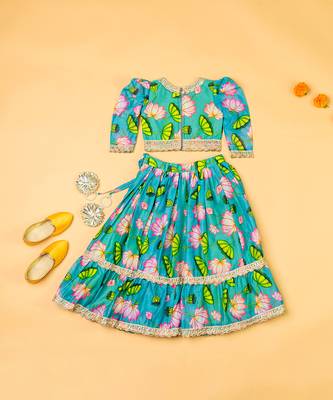Green lotus chanderi puff sleeves lehenga set for girls 4