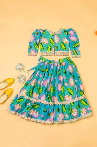Green lotus chanderi puff sleeves lehenga set for girls