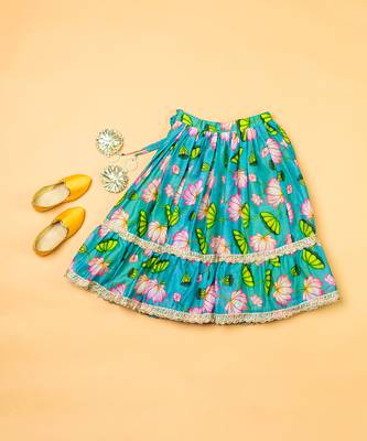 Green lotus chanderi puff sleeves lehenga set for girls 5