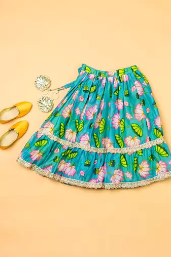 Green lotus chanderi puff sleeves lehenga set for girls